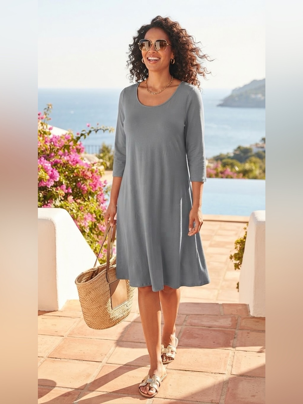 SIZE XL Attitudes® by Renee NEW Women's Gray Scoop Neck Dress Cotton Spandex